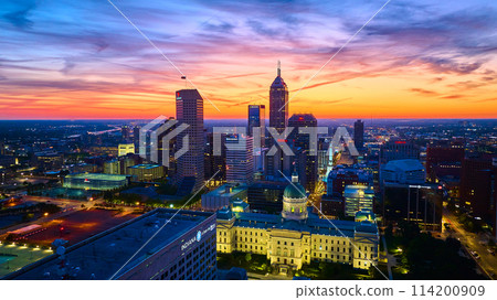 Aerial Twilight Cityscape with Classical Dome Building and Skyscrapers Aerial Twilight Cityscape with Classical Dome Building and Skyscrapers 114200909