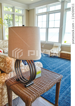 Cozy Living Room Decor with Lake View and Modern Lamp 114200911