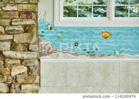 Whimsical Undersea Mural and Stone Veneer Wall in Home Interior Whimsical Undersea Mural and Stone Veneer Wall in Home Interior 114200974