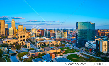 Aerial Golden Hour Glow on Indianapolis Downtown Skyline 114200992