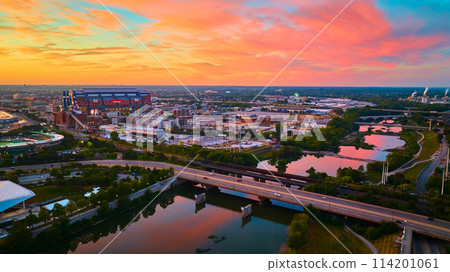 Aerial Golden Hour Sunset over Indianapolis Stadium and River 114201061