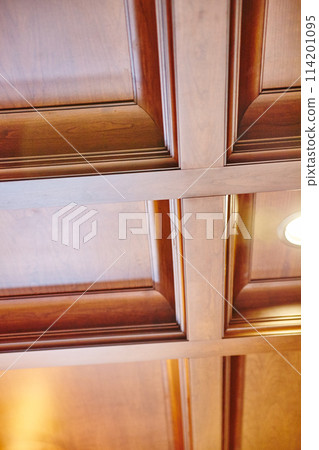Luxurious Polished Wood Panels with Geometric Patterns, Interior Detail Luxurious Polished Wood Panels with Geometric Patterns, Interior Detail 114201095