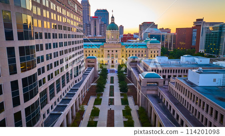 Aerial Golden Hour Cityscape with Government Buildings, Indianapolis Aerial Golden Hour Cityscape with Government Buildings, Indianapolis 114201098