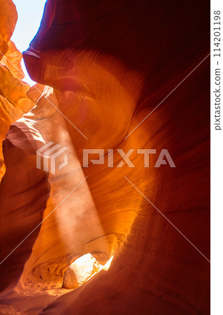 Sunbeam in Antelope Canyon Slot, Red Sandstone Walls, Arizona 114201198