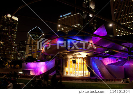 Vibrant Nightlife at Chicago's Modern Outdoor Jay Pritzker Pavilion Amphitheater 114201204