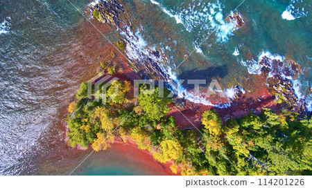 Aerial Top Down Autumn Coastal Foliage and Turquoise Waters of Lake Superior 114201226