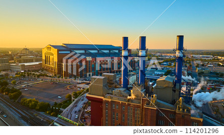 Aerial Golden Hour at Urban Stadium and Industrial Zone, Indianapolis 114201296