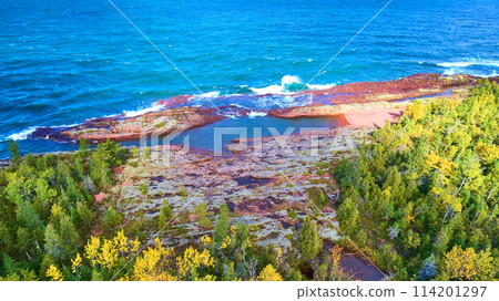Aerial Autumnal Coastal Landscape of Lake Superior with Rocky Shoreline Aerial Autumnal Coastal Landscape of Lake Superior with Rocky Shoreline 114201297