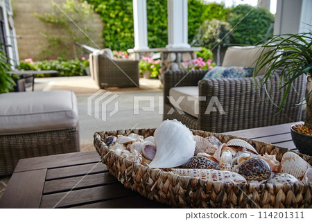 Coastal Patio Serenity with Seashells and Lush Greenery 114201311