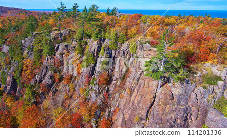Aerial Autumn Cliffs and Foliage in Michigan Wilderness 114201336