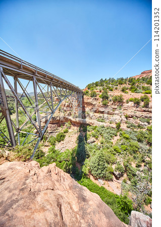 Majestic Steel Arch Bridge Over Sedona Canyon, Desert Landscape View 114201352