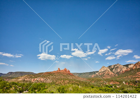 Sedona Red Rock Cliffs and Green Forest Under Blue Sky Sedona Red Rock Cliffs and Green Forest Under Blue Sky 114201422
