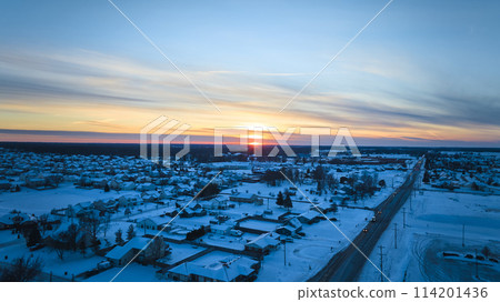 Aerial Winter Sunset over Snowy Suburbia - Fort Wayne Aerial Winter Sunset over Snowy Suburbia - Fort Wayne 114201436