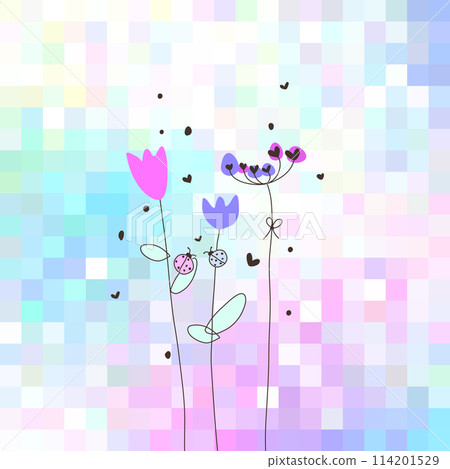 Hand drawn flowers with lady bugs on Mosaic colorful abstract background, pink, blue, yellow, purple, turquoise tones 114201529