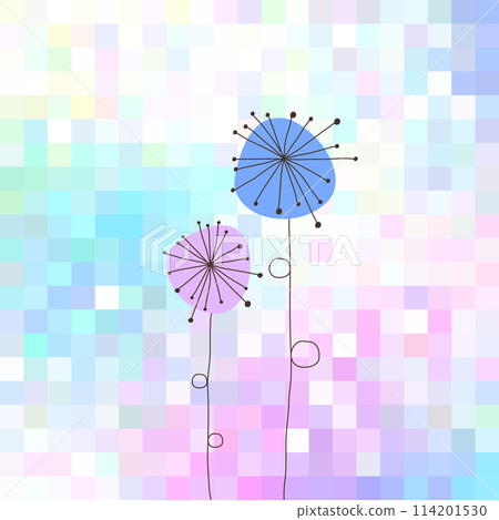 Hand drawn dandelion flowers on Mosaic colorful abstract background, pink, blue, yellow, purple, turquoise tones 114201530