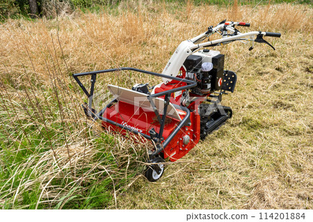 Image of cutting grass on vacant land with a large self-propelled grass cutter | Hammer knife mower | Grass cutting business image Image of cutting grass on vacant land with a large self-propelled grass cutter | Hammer knife mower | Grass cutting business image 114201884