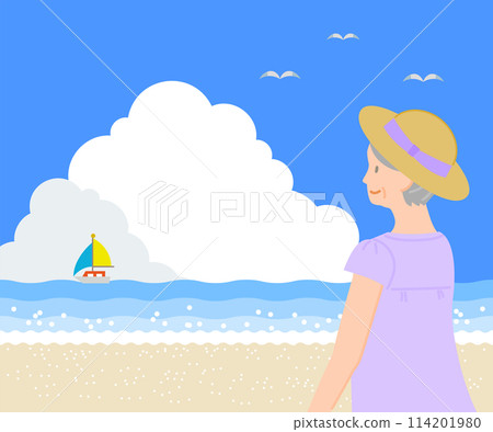夏季素材：一位高階女士微笑著抬頭望著藍天白雲的大海 114201980
