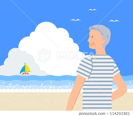 Summer material: Senior man smiling and looking up at the blue sky with cumulonimbus clouds at the sea 114201981