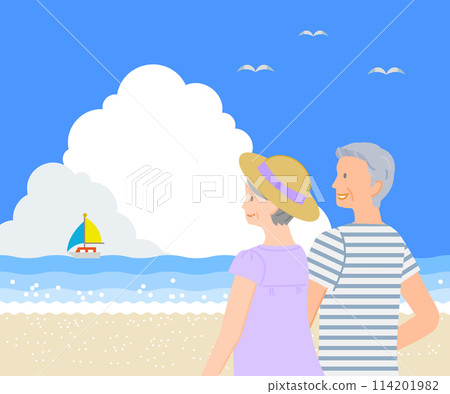 Summer material: Senior men and women smiling and looking up at the blue sky with cumulonimbus clouds at the sea 114201982