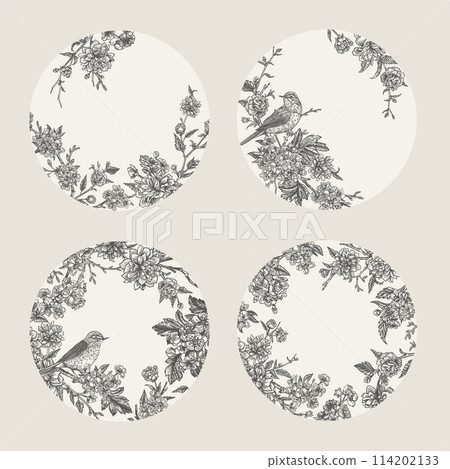 Set with round floral frames. Vector botanical background. Compositions with flowers and birds. Black and white Set with round floral frames. Vector botanical background. Compositions with flowers and birds. Black and white 114202133