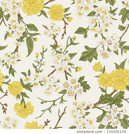 Seamless floral pattern. Flowering branches of garden trees. Vector botanical background. Full bloom. Colorful Seamless floral pattern. Flowering branches of garden trees. Vector botanical background. Full bloom. Colorful 114202134