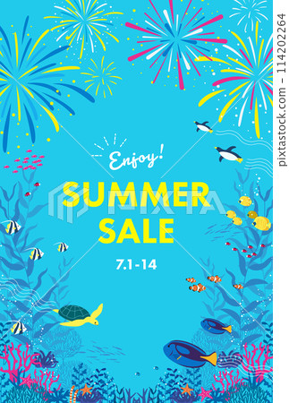 Vector illustration background of underwater fish, penguins and fireworks 114202264