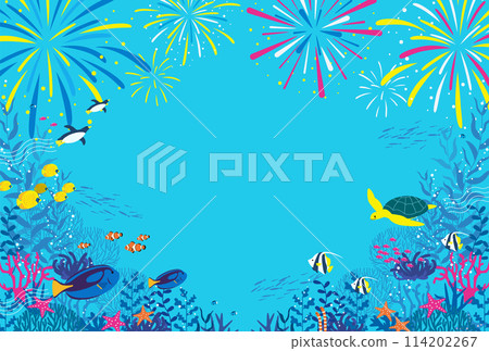向量圖背景與水下魚和企鵝和煙火 向量圖背景與水下魚和企鵝和煙火 114202267