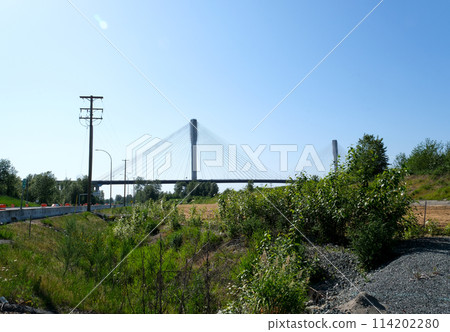 port mann bridge canada over the Fraser River in BC bottom side view closeup zoom in camera Port Mann Bridge Taken in Port Coquitlam, Greater Vancouver, British Columbia, Canada 2023 114202280