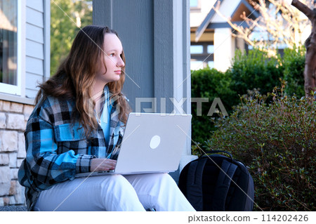 Busy attractive girl working at the laptop as sitting on grass in city park on hectic summer morning, outdoor shot in urban area Busy attractive girl working at the laptop as sitting on grass in city park on hectic summer morning, outdoor shot in urban area 114202426