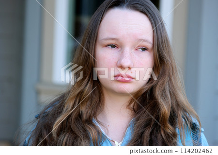 Horizontal portrait of a young blond girl with trendy make-up and hairstyle. Teenager with big blue eyes and brightly tinted lips 114202462