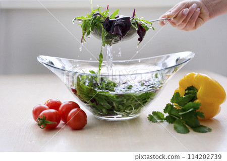 Woman's hands washing vegetables in sink in kitchen Woman's hands washing vegetables in sink in kitchen 114202739