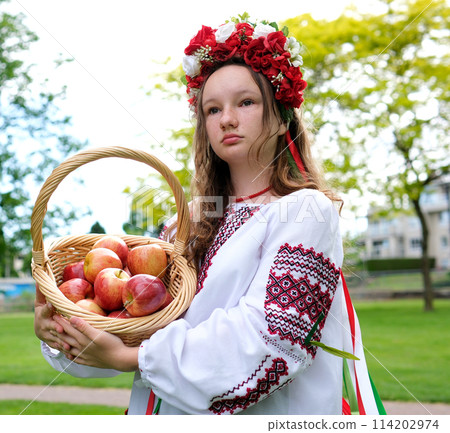 A beautiful girl looks through a basket with Rowan berries in her hands and smiles. Portrait of a beautiful woman next to a Rowan tree. Traditional costume. A beautiful girl looks through a basket with Rowan berries in her hands and smiles. Portrait of a beautiful woman next to a Rowan tree. Traditional costume. 114202974