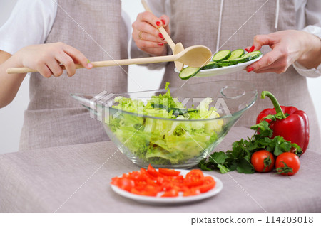 mother and child preparing vegetable salad close-up boy's hands help mother to add cucumbers glass plate Professional female cook adding fresh cucumber slices in glass bowl with salad mother and child preparing vegetable salad close-up boy's hands help mother to add cucumbers glass plate Professional female cook adding fresh cucumber slices in glass bowl with salad 114203018