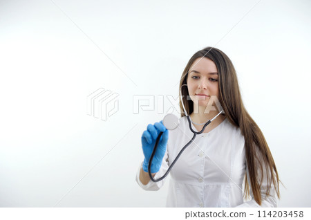 excited medical doctor woman happy smile point finger at you, isolated over white background excited medical doctor woman happy smile point finger at you, isolated over white background 114203458