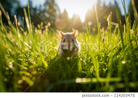 Cute mouse with large ears, exploring the vibrant green grass on a sunny day 114203478