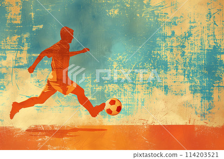 A soccer player dribbles and kicks a soccer ball. Abstract vintage grungy poster style with muted colors 114203521