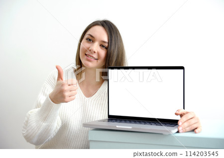 Woman with laptop showing thumbs up  114203545