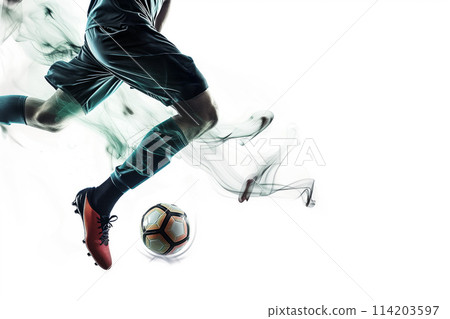 A soccer player dribbles and kicks a ball on a field double exposure style A soccer player dribbles and kicks a ball on a field double exposure style 114203597