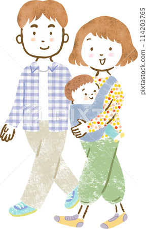 Full-body hand-drawn illustration of a family of three with one child (boy) Full-body hand-drawn illustration of a family of three with one child (boy) 114203765