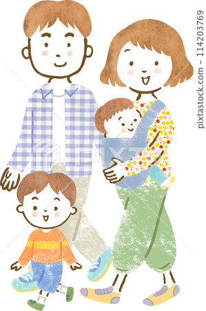 Full-body hand-drawn illustration of a family of four with two children (boys) 114203769