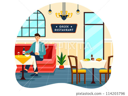 Greek Cuisine Restaurant Vector Illustration with Set Menu Delicious Dishes Traditional or National Food in Flat Cartoon Background Design 114203796