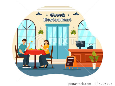 Greek Cuisine Restaurant Vector Illustration with Set Menu Delicious Dishes Traditional or National Food in Flat Cartoon Background Design 114203797
