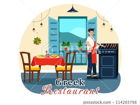 Greek Cuisine Restaurant Vector Illustration with Set Menu Delicious Dishes Traditional or National Food in Flat Cartoon Background Design Greek Cuisine Restaurant Vector Illustration with Set Menu Delicious Dishes Traditional or National Food in Flat Cartoon Background Design 114203798