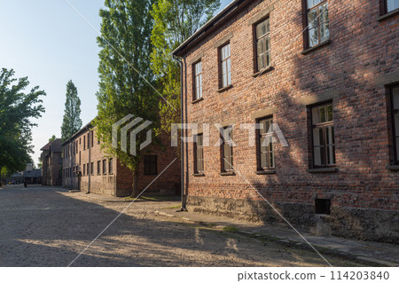 [Poland] Red brick buildings at the Auschwitz-Birkenau concentration camp 114203840