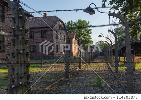 A barbed wire fence around the Auschwitz-Birkenau concentration camp in Poland 114203873