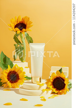 Creative template for advertise product of sunflower with blank label bottle can used for adding brand packaging. Sunflowers are rich in beneficial plant compounds, and several vitamins and minerals Creative template for advertise product of sunflower with blank label bottle can used for adding brand packaging. Sunflowers are rich in beneficial plant compounds, and several vitamins and minerals 114204207