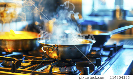 Steam Rising from Cooking Pots on Stove. 114204335