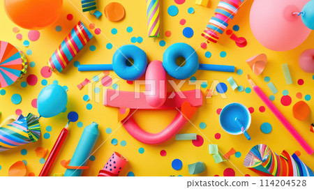 Funny face made of party items. April fool's day. Flatlay on bright background Funny face made of party items. April fool's day. Flatlay on bright background 114204528