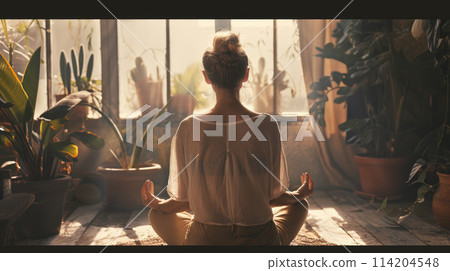 Woman meditating in a rustic cozy room among plants. Back view. Yoga lotus pose. 114204548