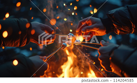 Hands of friends roasting marshmallows on the fire at campsite. Camping and food concept 114204585